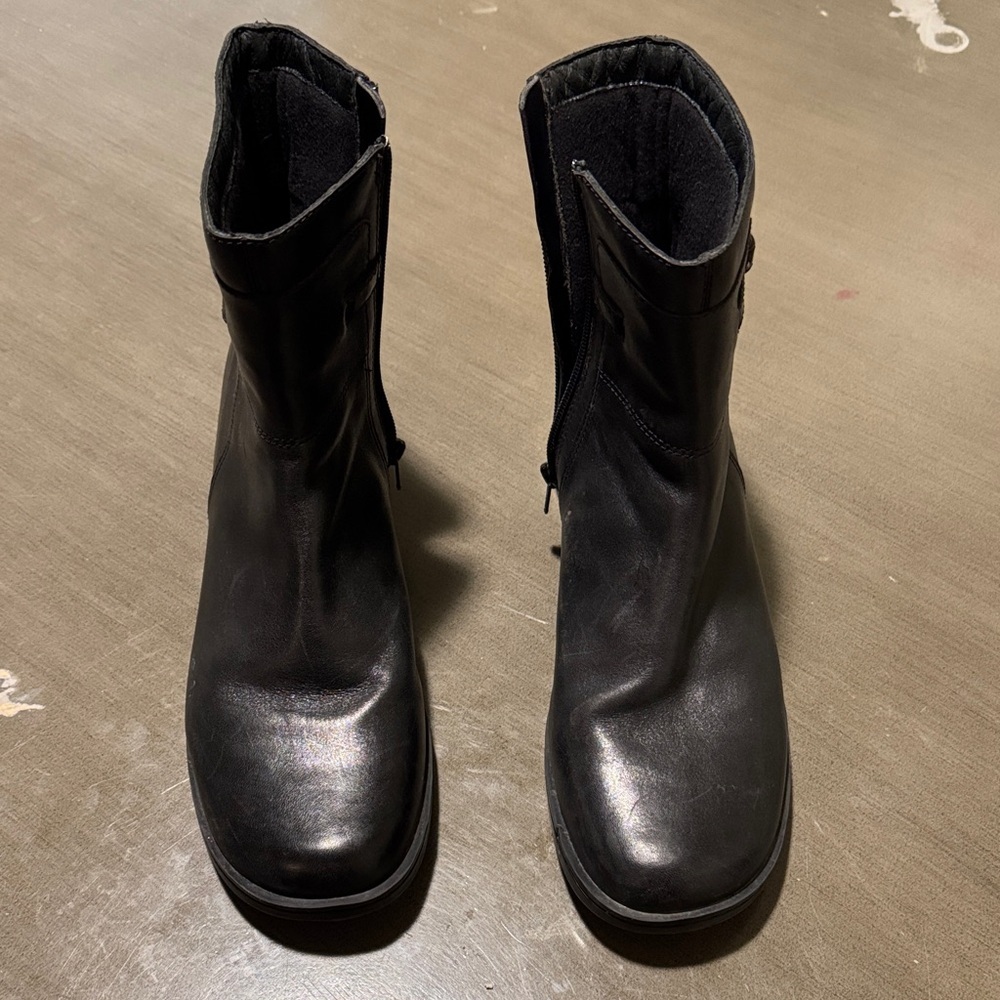 Clarks Black Leather Ankle Zip Boots with Buckle Accent